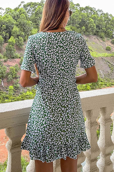 Lily Clothing - CWDMD0235_SHORT SLEEVED LACE UP WAIST V NECK FLORAL DRESS: GREEN / (M) 1