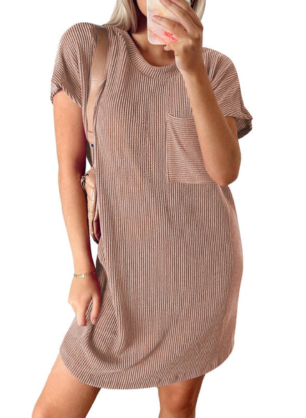 Lovesoft - Summer Casual T-shirt Short-sleeved Dress (With Pockets): Light Brown / 65%Rayon + 35%Polyester / M