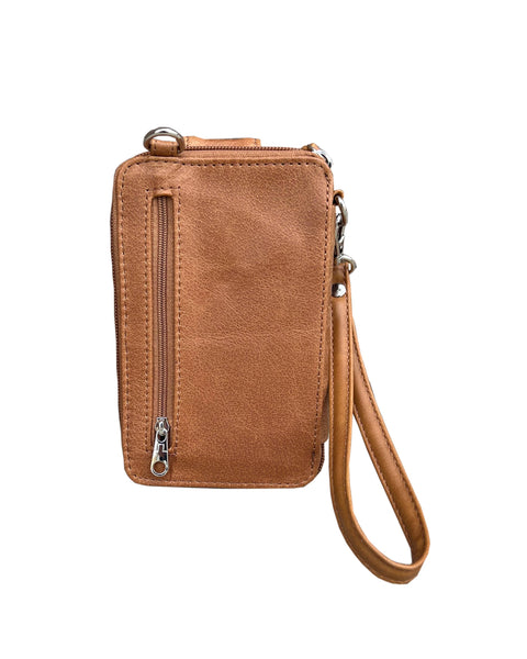 Roma Leathers - 3140 BK phone pouch with credit card slots adjustable strap: Light brown