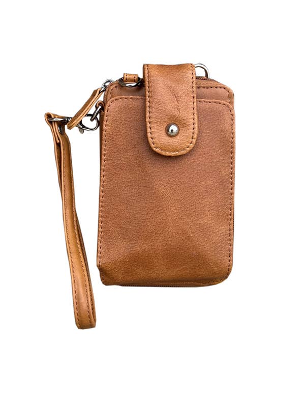 Roma Leathers - 3140 BK phone pouch with credit card slots adjustable strap: Light brown