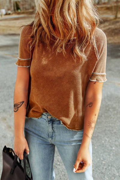 Little Daisy Closet - LDC Textured Contrast Seam Detail Frilly Cuffed T-shirt: Missy / S / AS SHOWN