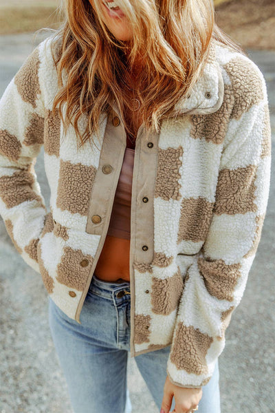 Pretty Bash - Checker Sherpa Snap Button Jacket: Brown / M