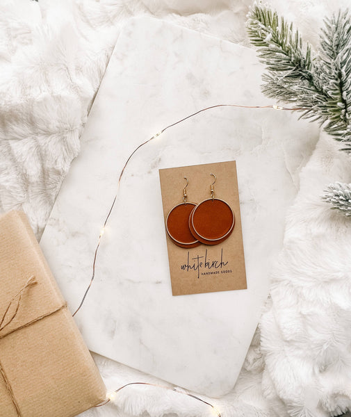 Whitebirch Handmade Goods - Brown Leather Disc & Brass Circle Earrings: Raw Brass Hooks