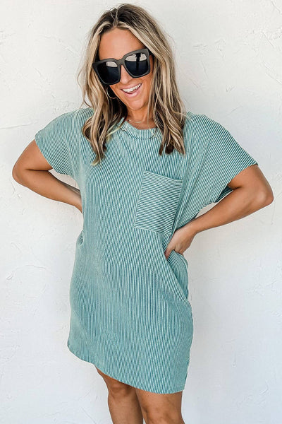 LiveFashionWay - Striped Ribbed Knit T-shirt Shift Dress: XL / Blue / 70%Polyester+27%Viscose+3%Elastane