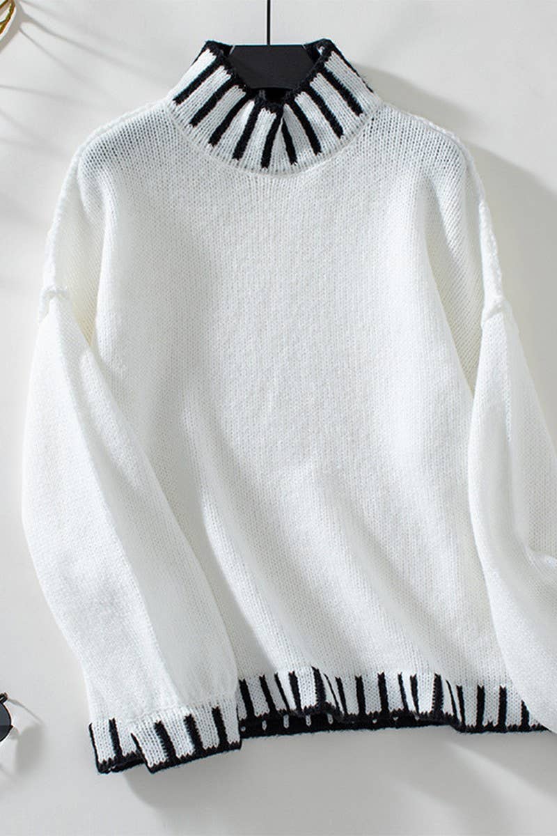 NINEXIS - CWOSWL2841_STRIPED TURTLENECK OVERSIZED KNIT TOP: WHITE / (L) 1