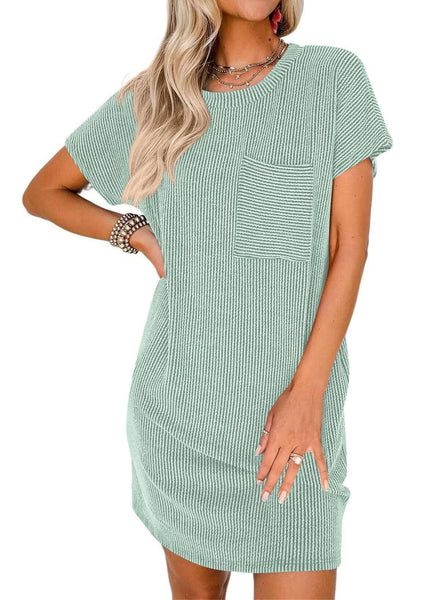 Lovesoft - Summer Casual T-shirt Short-sleeved Dress (With Pockets): Light Brown / 65%Rayon + 35%Polyester / M