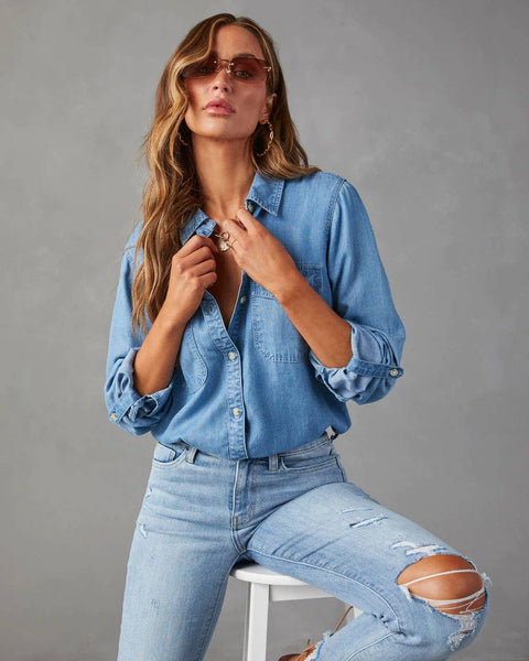 Sweetkama - Sweetkama Ladies Denim Pockets Long Sleeves Shirt: Dark Blue / S