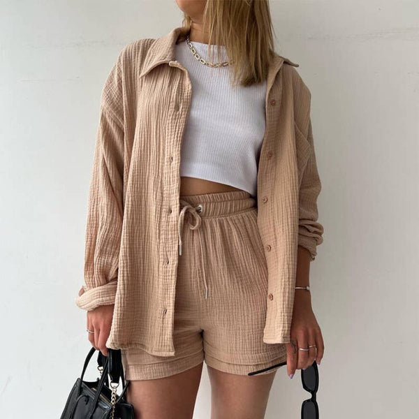 Sweetkama - Ladies Solid Color Top and Short Set Daily Set 23109: Bean Green / M