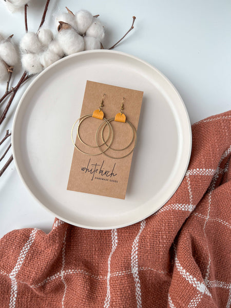 Whitebirch Handmade Goods - Mustard Yellow Leather & Brass Circles Earrings: Brass