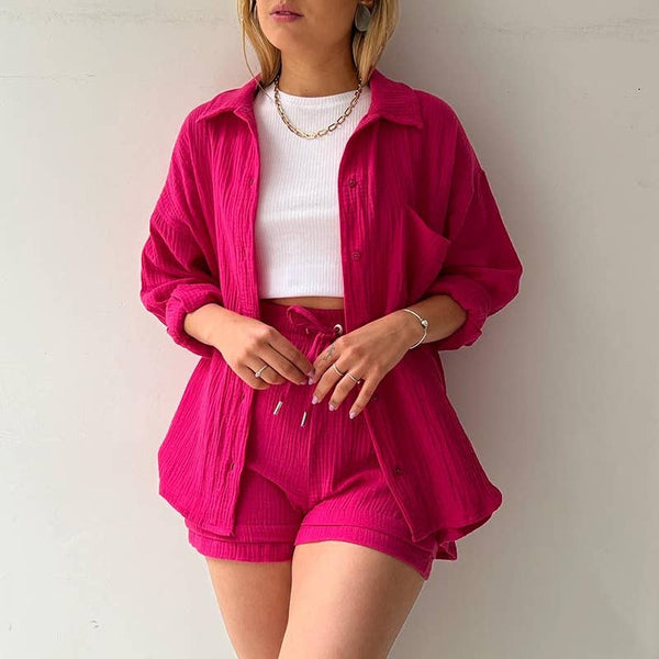 Sweetkama - Ladies Solid Color Top and Short Set Daily Set 23109: Bean Green / M