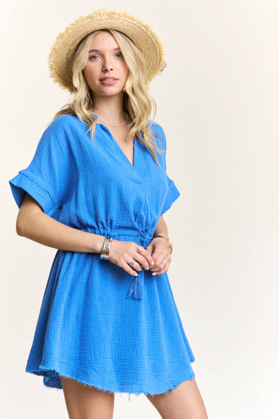 Madelyn - 5177IMD - WAIST DRAWSTRING DRESS WITH RAW HEM: S / ROYAL BLUE