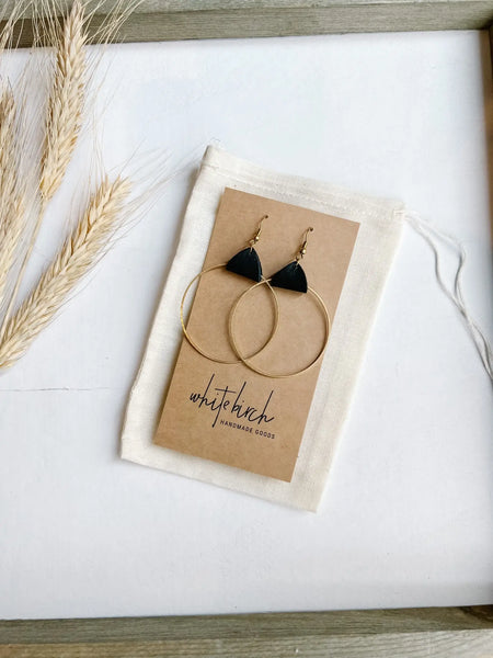 Whitebirch Handmade Goods - Distressed Black Leather & Brass Circle Earrings: Raw Brass Hooks