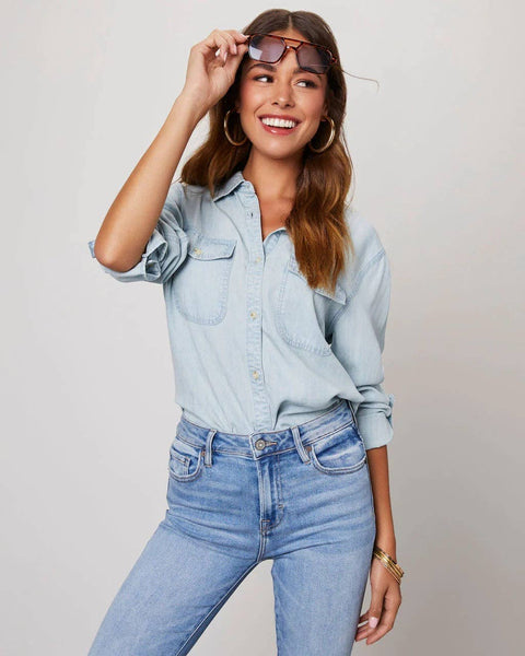 Sweetkama - Sweetkama Ladies Denim Pockets Long Sleeves Shirt: Dark Blue / S