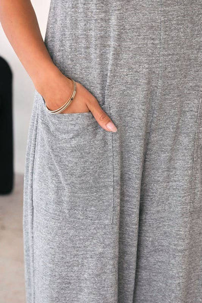 Pretty Bash - Heather Knit Wide Leg Pocket Jumpsuit: Gray / XL / Loose Fit