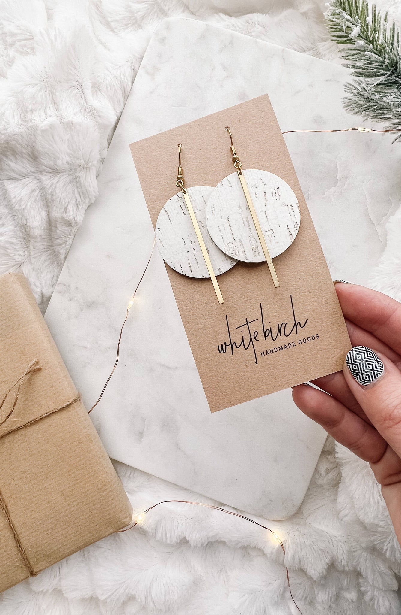 Whitebirch Handmade Goods - White Birch Cork Leather Disc and Brass Bar Earrings: Raw Brass Hooks