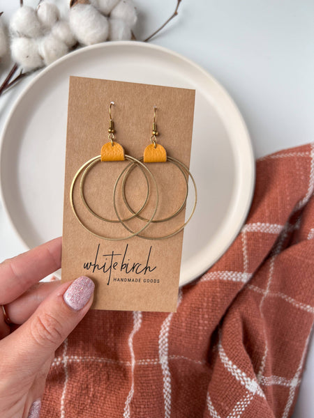 Whitebirch Handmade Goods - Mustard Yellow Leather & Brass Circles Earrings: Brass