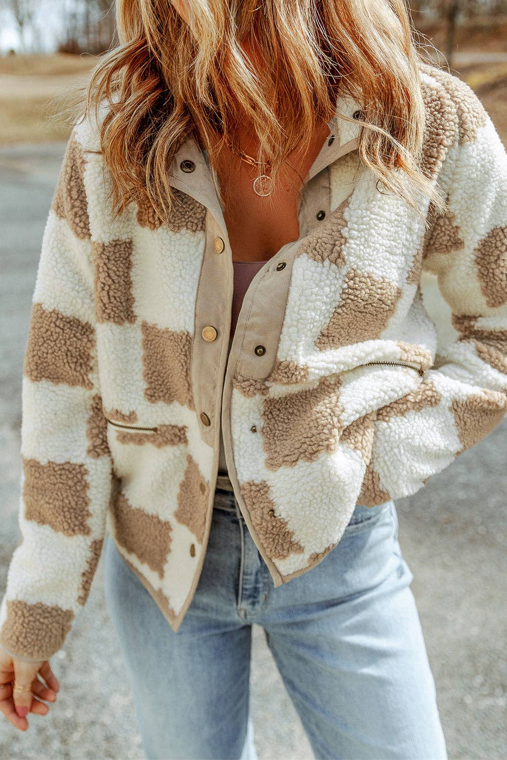 Pretty Bash - Checker Sherpa Snap Button Jacket: Brown / M