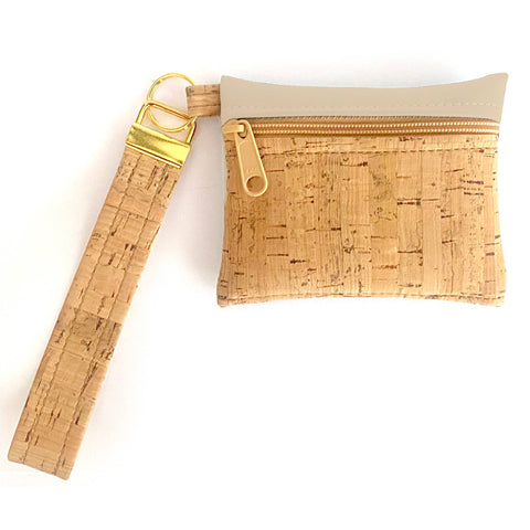 Wristlet Key Chain Zipper Pouch | Rustic Cork + Faux Leather: Linen