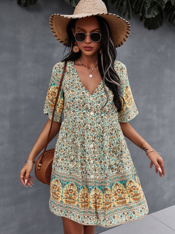 Boho Hippie Floral V Neck Loose Fit Short Sleeve Button Down Pockets Ruffle Short Women Dress, Vintage Style, Summer Dress, Tunic Dress,Gift