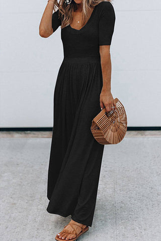Pretty Bash - Flowy Short Sleeve Wide Leg Jumpsuit