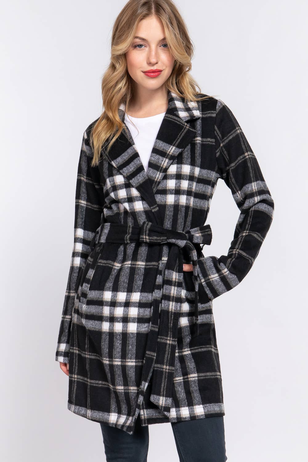 42POPS - ._ SI-25112 LONG SLV BELTED PLAID WOVEN JACKET: BLK-black/cream-158401 / M