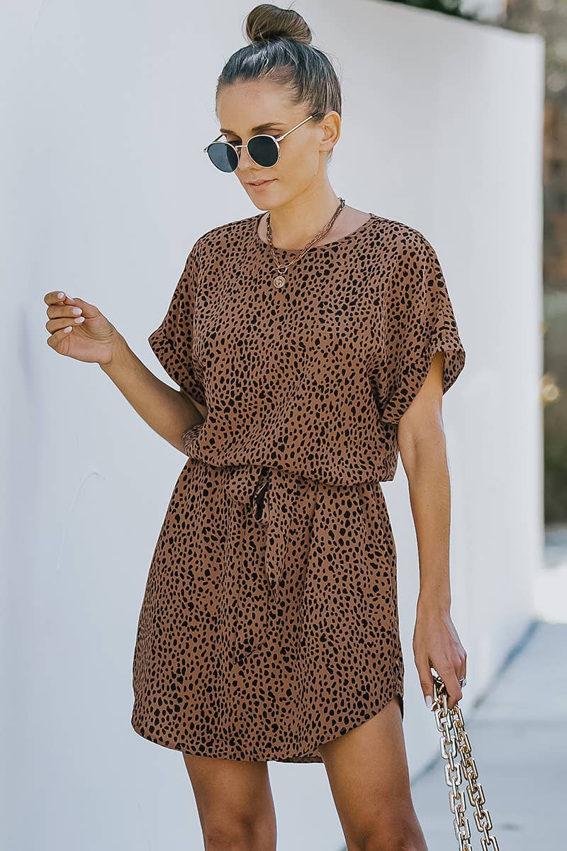 Women Crew Neck Short Sleeve Waist Tie Leopard Short Dress