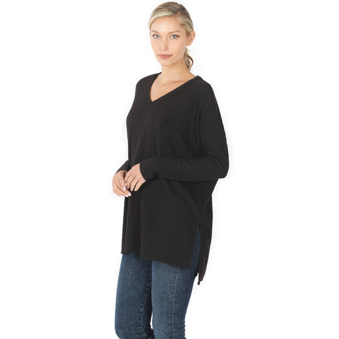 XL BRUSHED THERMAL WAFFLE V-NECK HI-LOW HEM SWEATER