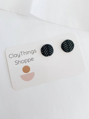 Circle Studs in Black Herringbone, Polymer Clay Studs