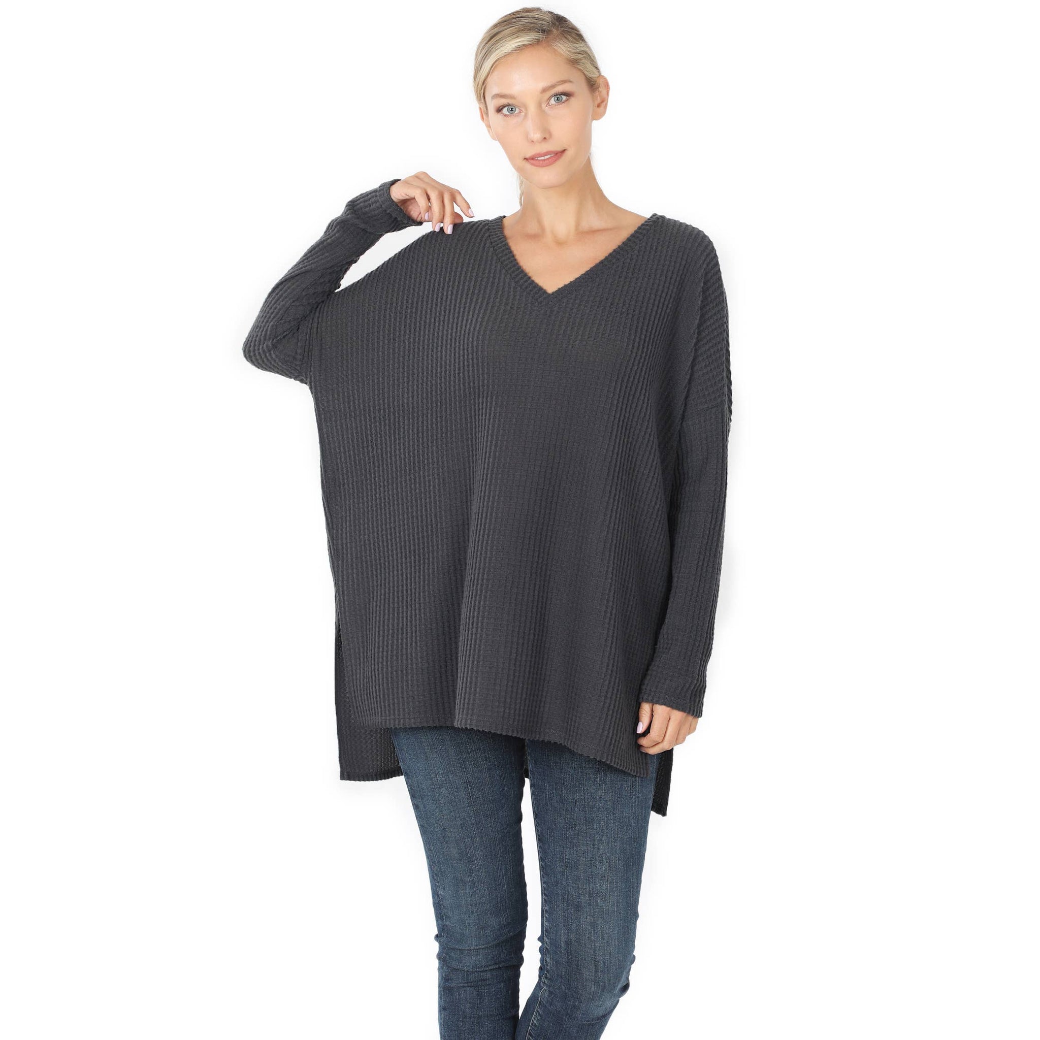 S/M/L BRUSHED THERMAL WAFFLE V-NECK HI-LOW HEM SWEATER