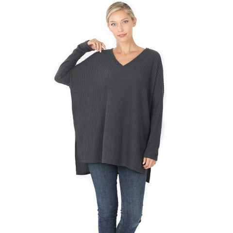 XL BRUSHED THERMAL WAFFLE V-NECK HI-LOW HEM SWEATER