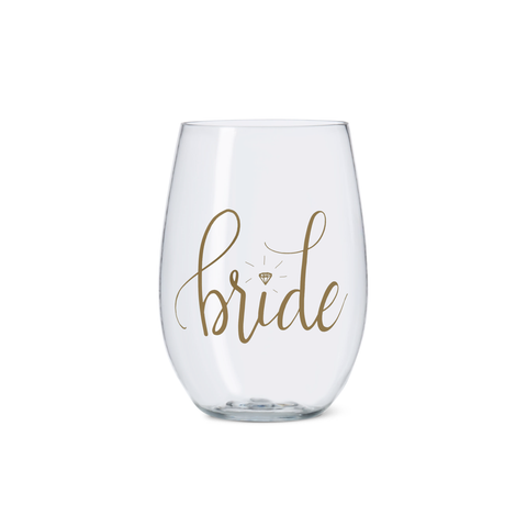 Samantha Margaret - 16 oz. Bride Durable Plastic Stemless Wine Cups with Gold