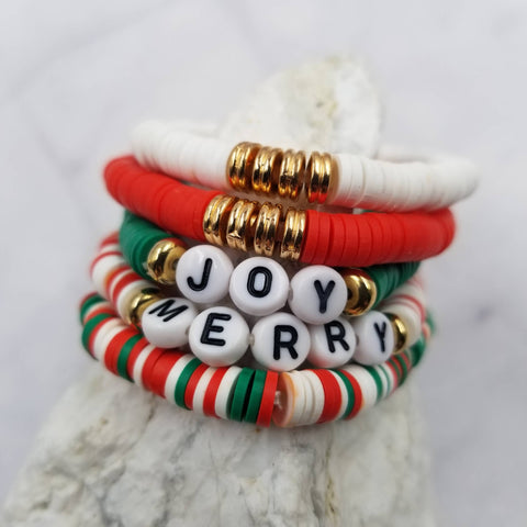 The Pretty Jewellery - JOY MERRY Christmas Stretch Heishi Bracelet - Set Of 5