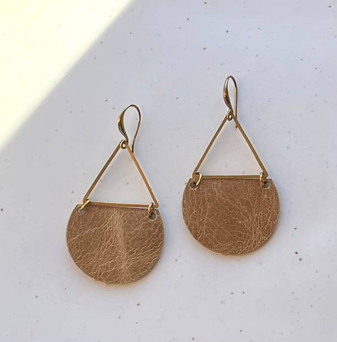 Rux Leather - Distressed Leather and Brass Triangle Earrings, Modern Boho