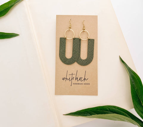 Dark Olive U-Shaped Leather & Brass Ring Earrings