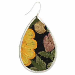 ZAD - Yellow Flower Embroidered Elegance Silver Teardrop Earring