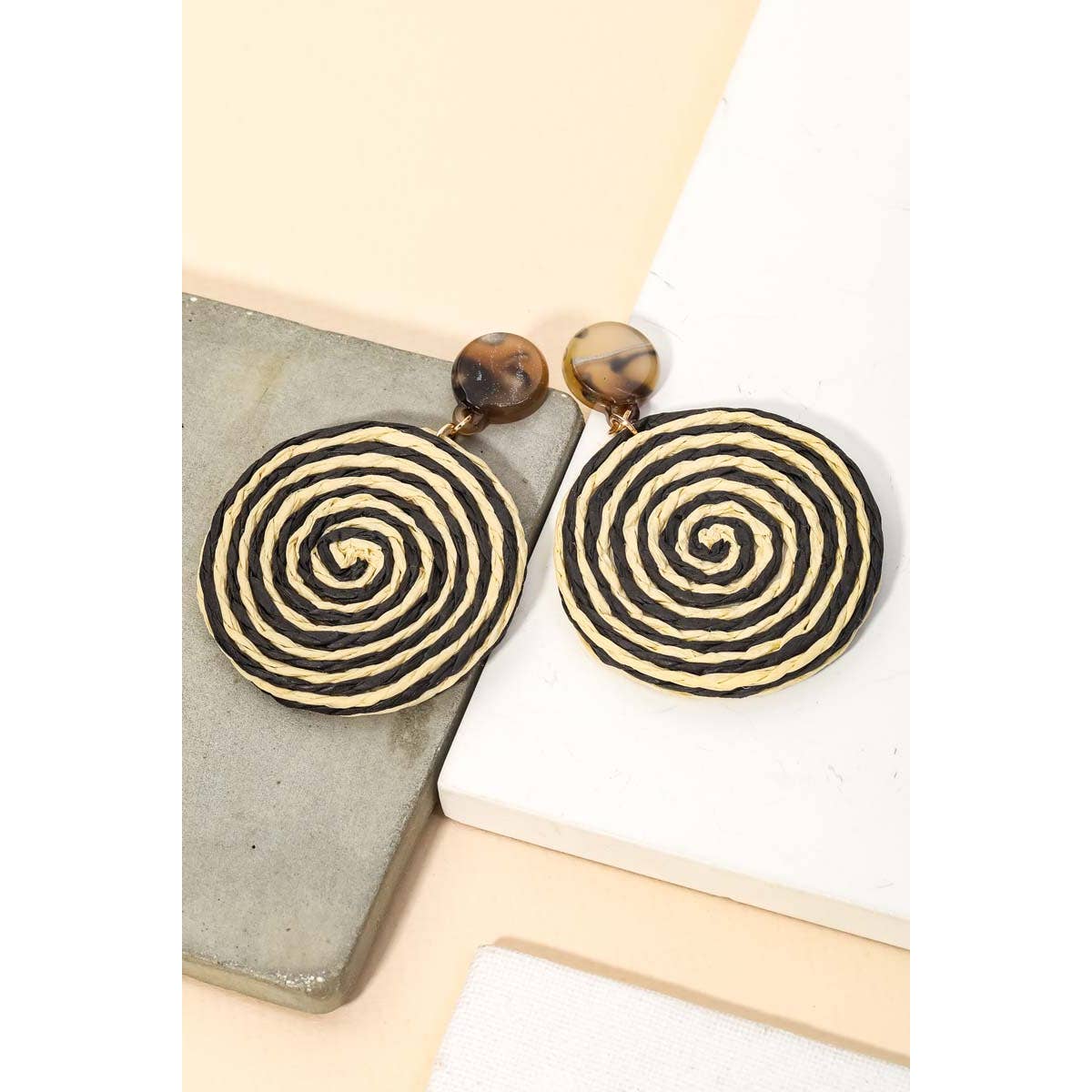 Straw Spiral Braided Disc Drop Earrings