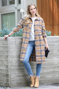 42POPS - .Wool Blended PLAID JACQUARD LONG SHIRT JACKET Shacket