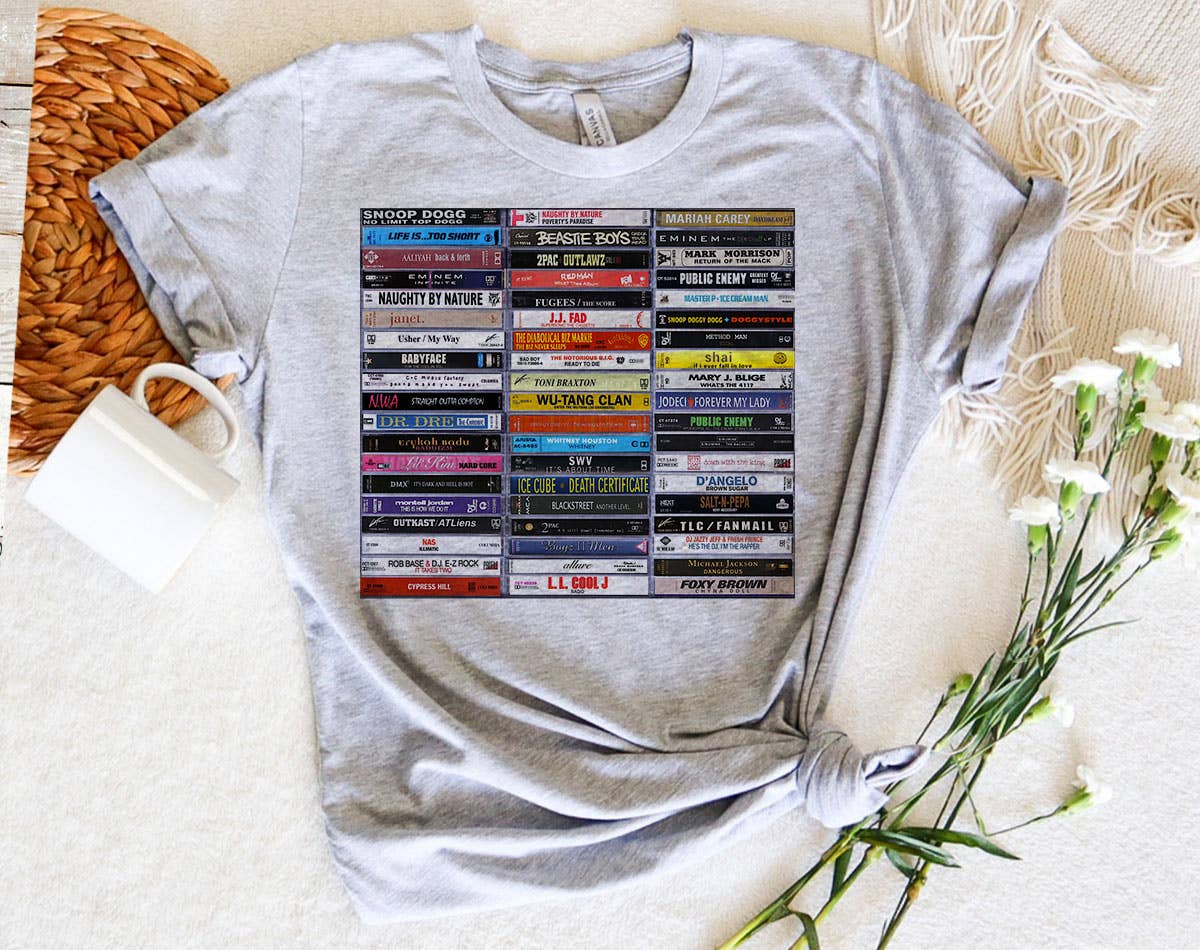 90's Hip Hop  - Classic Rap Cassette Tape T-Shirt: LG / Heather Gray