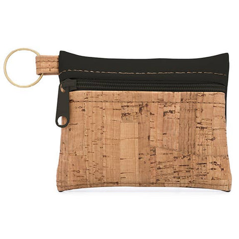 Key Chain Zipper Pouch | Rustic Cork + Faux Leather: Black Back