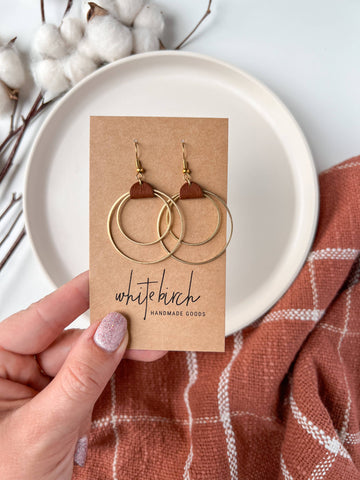 Rich Brown Leather & Brass Circles Earrings