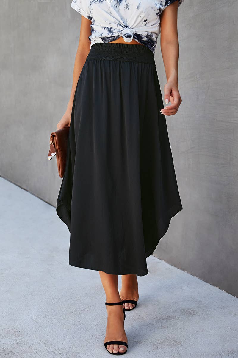 Women Solid Ruffled A-line Elastic Waist Midi Casual Skirt