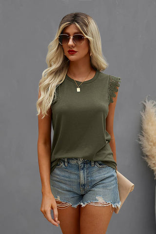 Women Crew Neck Sleeveless Solid Loose Fit T-shirt Top