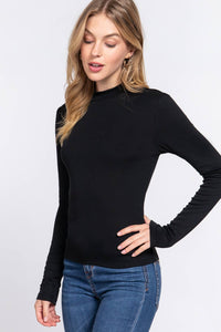 42POPS - SI-25419 FITTED LONG SLEEVE MOCK NECK RIB KNIT TOP: BLK-black-161068 / M