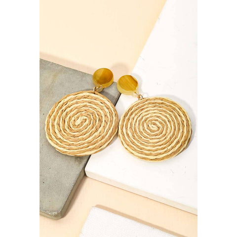 Straw Spiral Braided Disc Drop Earrings