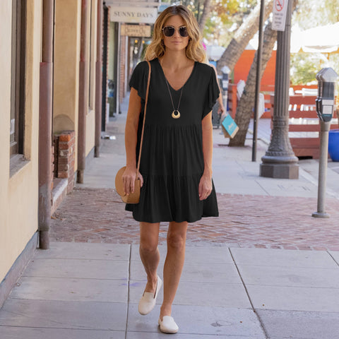 Amaryllis Apparel - Flutter Sleeve V-Neck Tiered Dress