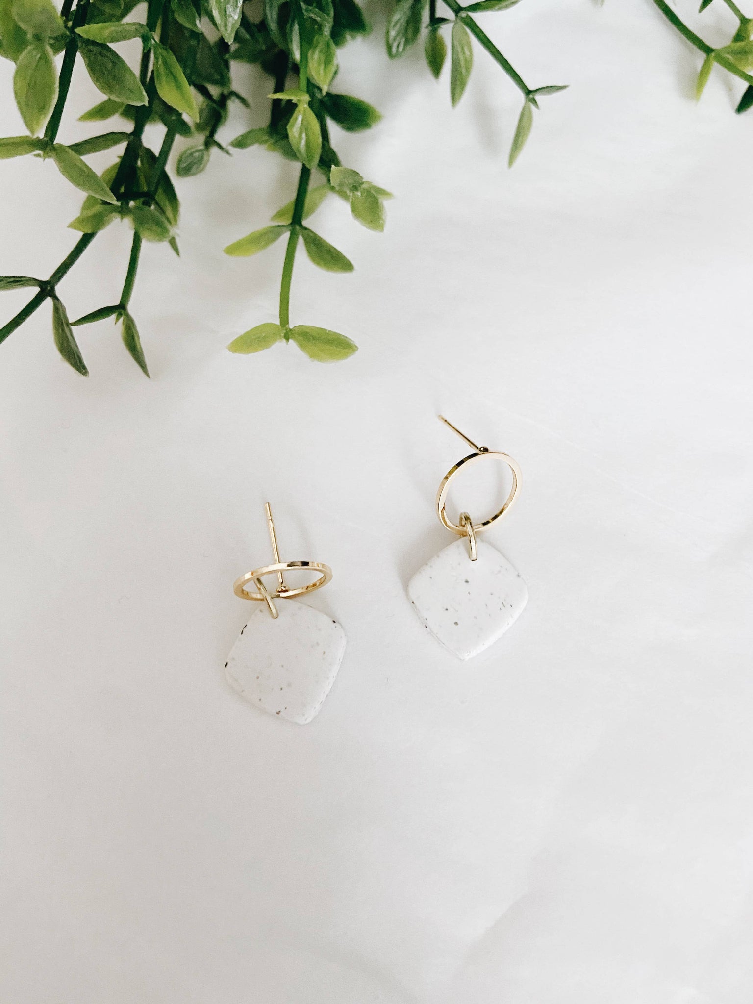 Leah in White Granite, Clay Earrings