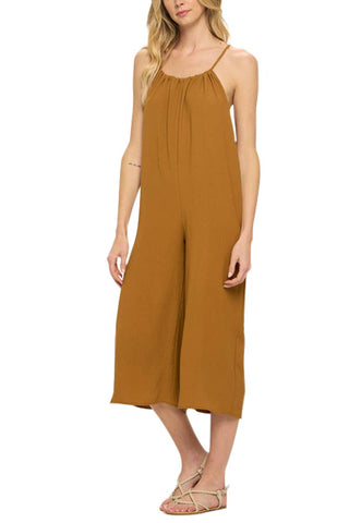 Vanilla Monkey - Drawstring Neck Adjustable Strap Woven Jumpsuit