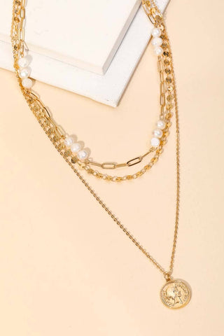 Layered Triple Pearl Coin Charm Necklace