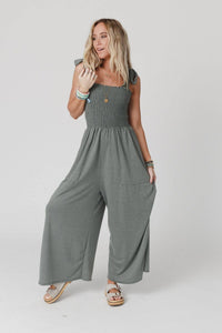 Three Bird Nest - Daytripper Wide Leg Jumpsuit - Light Olive: S