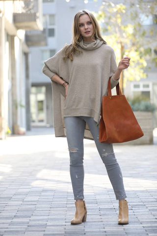 XS/S/M Butterorange Brushed Melange Cowl Neck Oversized Poncho Hi-low Sweater